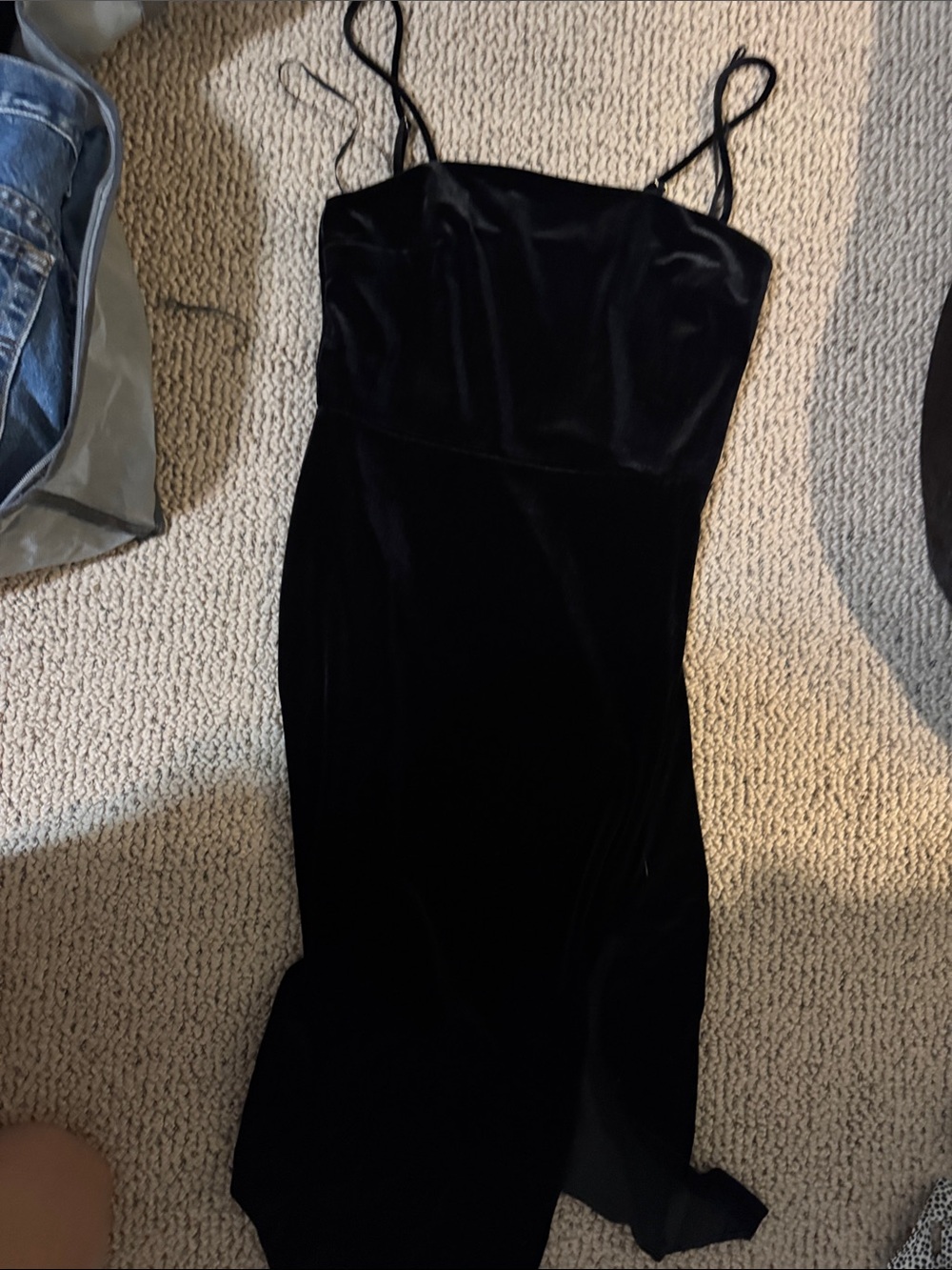 Express Black Velvet Midi Slip Dress with Spaghetti Straps